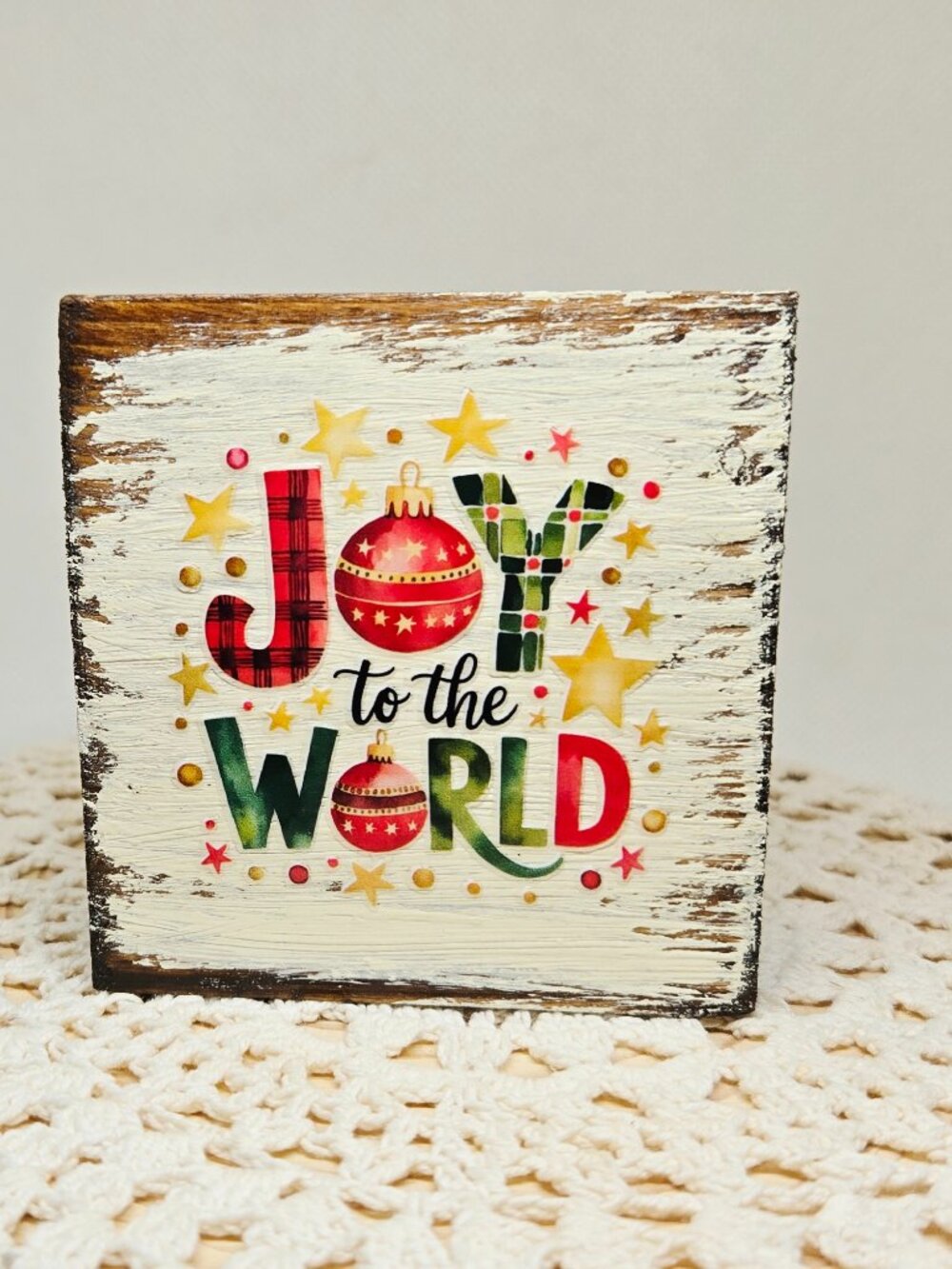 Handcrafted Christmas Shelf Sitter, Tiered Tray Decor "Joy to the World" Sign